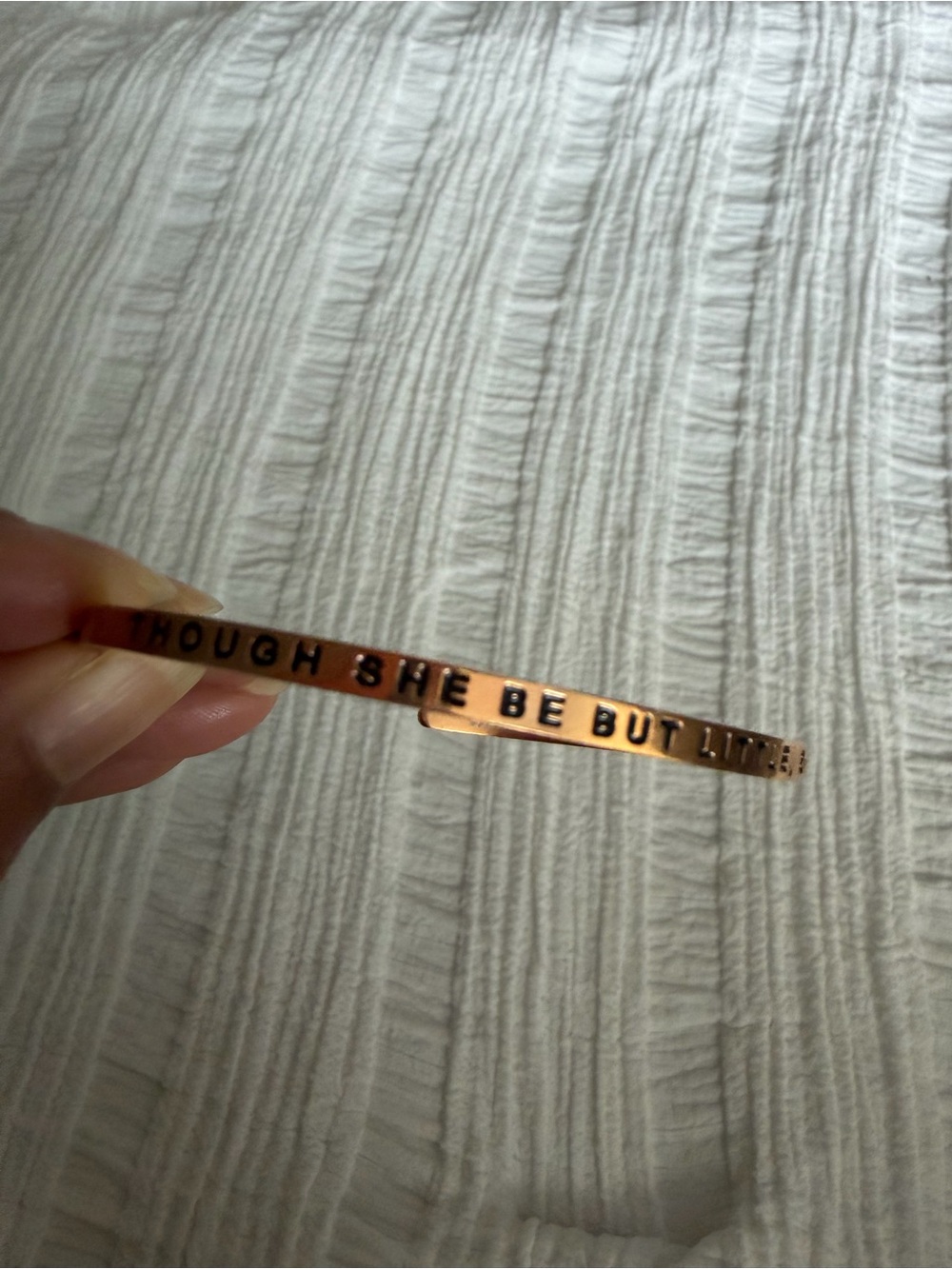 Rose Gold Inspirational Cuff Bracelet – “Though She Be But Little, She Is Fierce